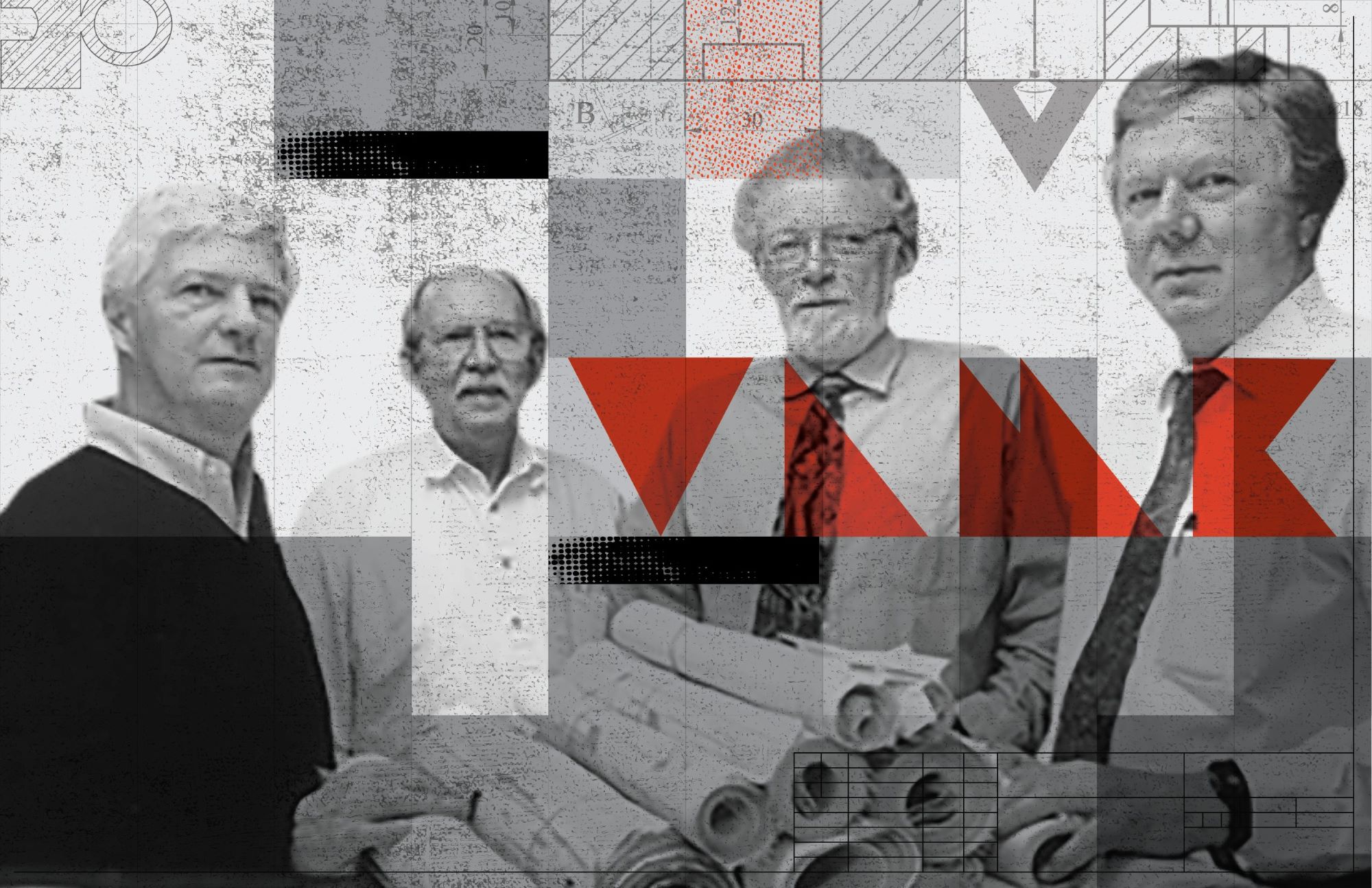 Graphic with four older white men - founders of the company